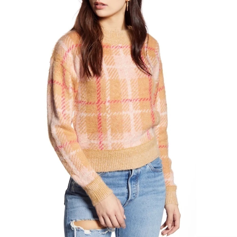 New BP. Tan and Pink Plaid Crewneck Sweater